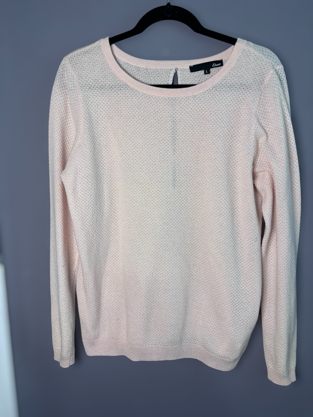 Etam Soft Pink Metallic Shimmer Knit Sweater Black Lace Bow Cutout Large
